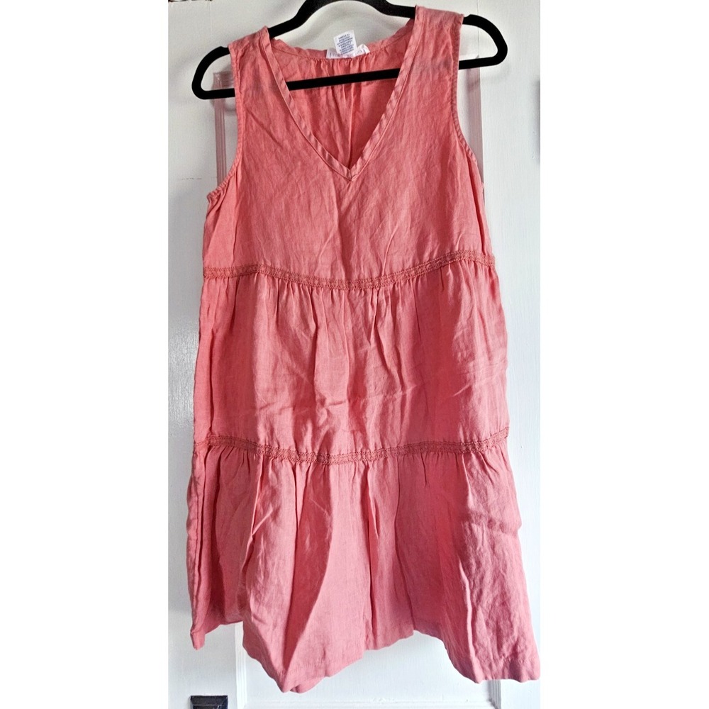 LUCKY BRAND tiered V neck sleeveless ruched swing mini dress Sz S peach